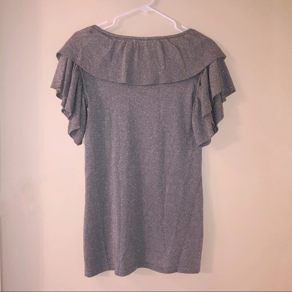 BCBGMaxAzria Silver Sparkly Ruffle Flutter Top BCBG - Picture 2 of 5